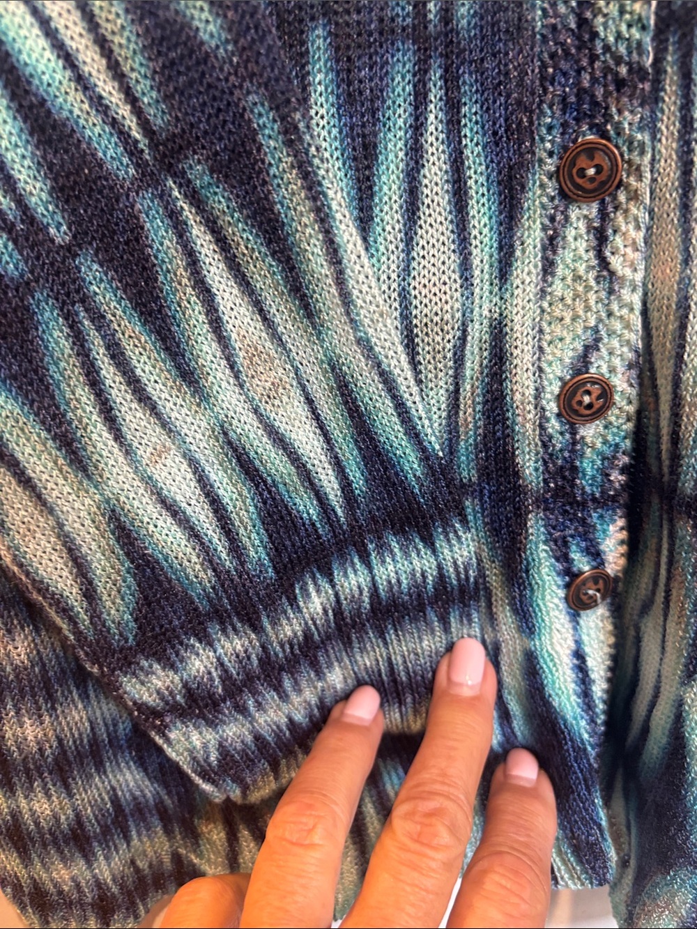 BLUE AND GREEN OPEN KNIT BUTTON DOWN SWEATER LINEN AND VISCOSE LIGHT WEIGHT - Picture 3 of 8
